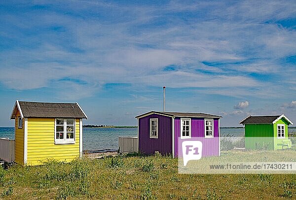 Bunte Strandhäuschen in verschiedenen Farben und Strand  Insel Aerö  Syddanmark  Ostsee  Dänemark  Europa