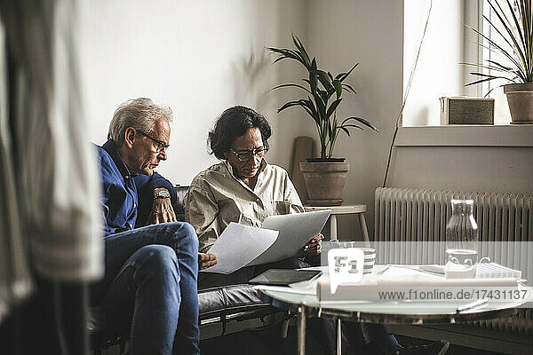 Ältere männliche und weibliche Eigentümer beim Brainstorming mit Laptop in einem Workshop