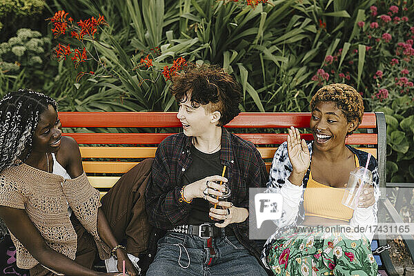 Fröhliche Freunde  die auf einer Bank im Park sitzen und Getränke genießen