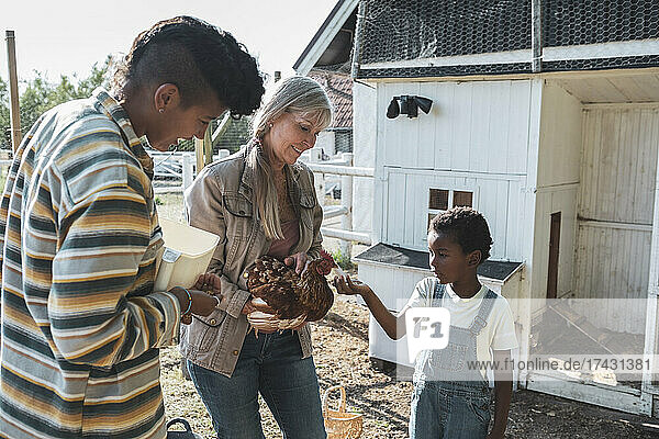 Junge füttert Henne mit Großmutter und Mutter auf dem Bauernhof