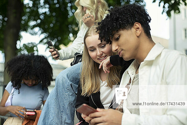 Weibliche und männliche Freunde benutzen Handys im Park