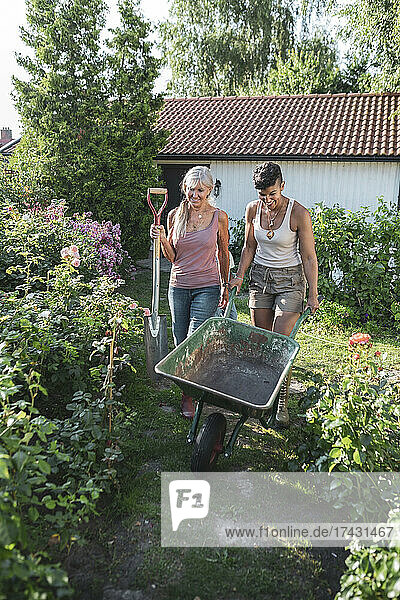 Smiling multiracial mother and daughter walking with wheelbarrow and shovel amidst plants