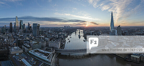 UK  London  Aerial view of River Thames and financial district at dawn