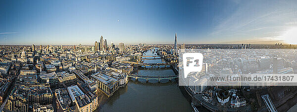 UK  London  Aerial view of River Thames and cityscape at sunset