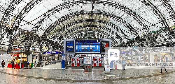Railway Station Hbf Deutsche Bahn DB with trains symmetrical panorama in Dresden  Germany  Europe