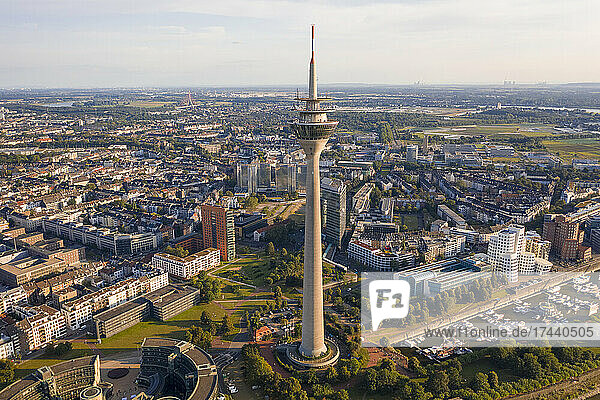 Germany  North Rhine-Westphalia  Dusseldorf  Aerial view of Rhine Tower with Unterbilk and Bilk areas in background