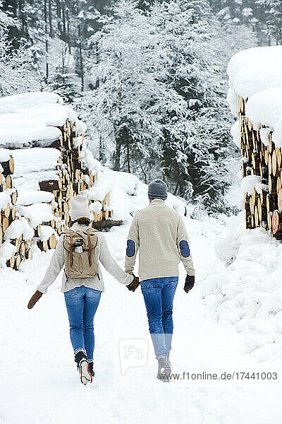 Junges Paar hält Händchen beim Gehen auf Schnee