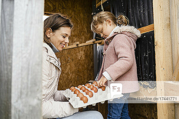 Mutter hält Behälter  während Mädchen Eier auf dem Bauernhof arrangieren