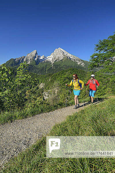 Male and female friends hiking at Chiemgauer Alps during sunny day