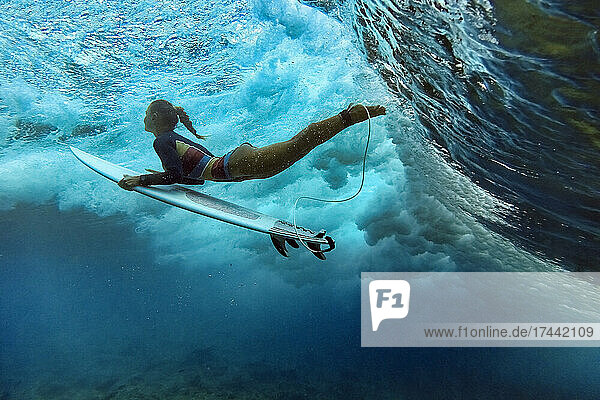 Mittlere erwachsene Frau mit Surfbrett schwimmt unter Wasser
