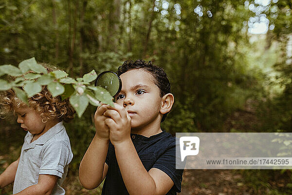 Boy looking at leaves through magnifying glass while standing by male friend in forest
