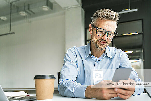 Male business professional using smart phone in office