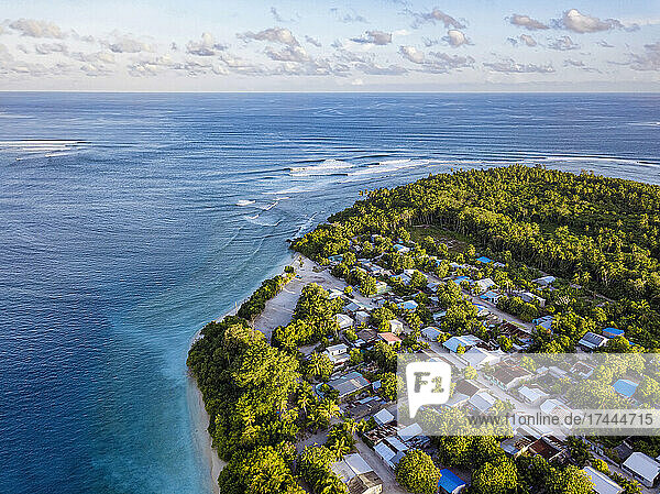 Maldives  Meemu Atoll  Mulah  Aerial view of inhabited island in Indian Ocean