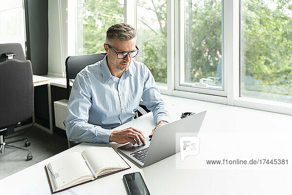Male business professional using laptop while working in office
