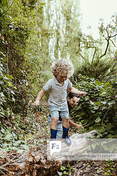 Boy playing with male friend while standing on log in forest