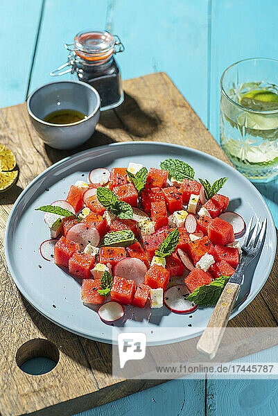 Sommerlicher Wassermelolnensalat mit Radieschen  Feta und Minze
