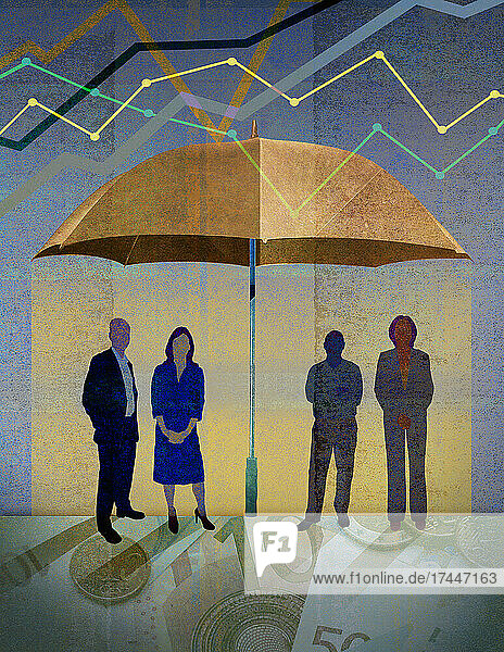 Menschen und Geld geschützt vor Veränderungen unter einem Regenschirm
