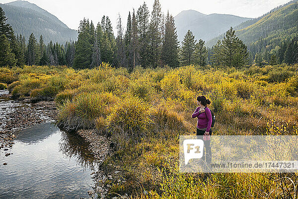 Woman standing near a creek in the Eagles Nest Wilderness  Colorado