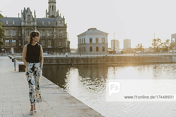 Tourist woman walking at the Willem Dock Marina  Antwerp