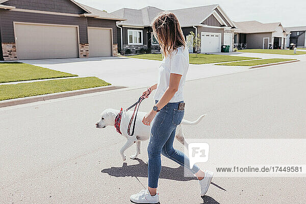 Woman walks dog through neighborhood on a sunny day