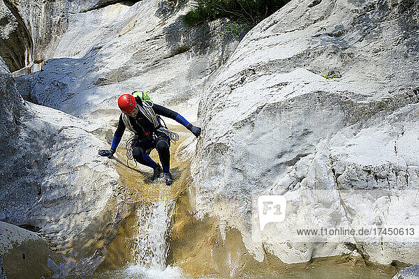 Canyoneering Aguare Canyon in the Pyrenees  Huesca Province in Spain.