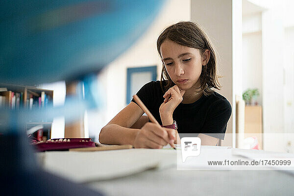 Schoolgirl making her homework at home