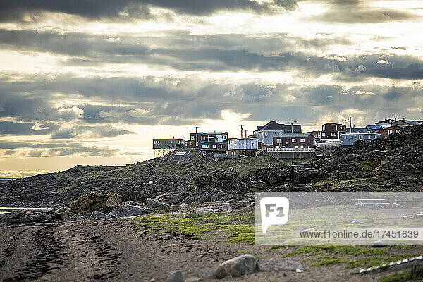 Unique homes built on bluff overlooking the ocean in Iqaluit  Canada.