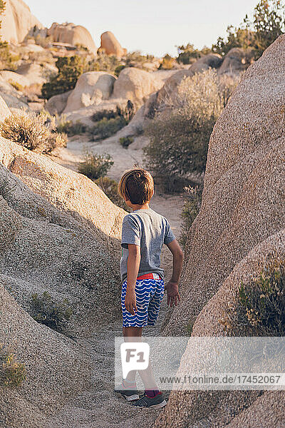 Elementary school child walking in the desert on a path of rocks.