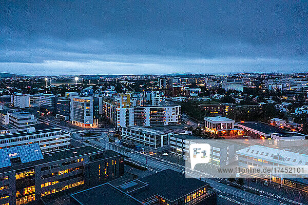 The city of Reykjavik at night.