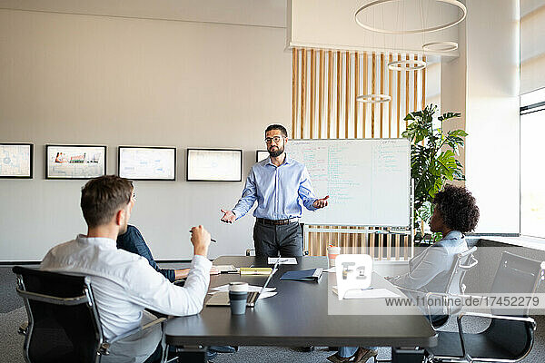 Businessman conducting presentation for employees