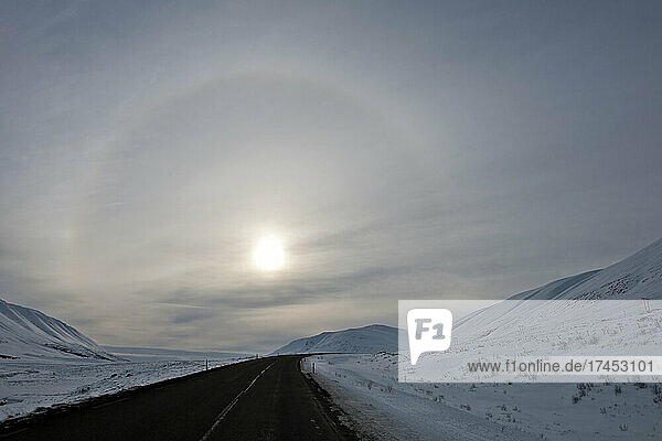 Sun with halo on the no 1 highway in north Iceland