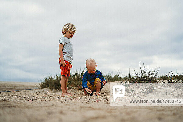 Cute young children playing in sand dunes on overcast day