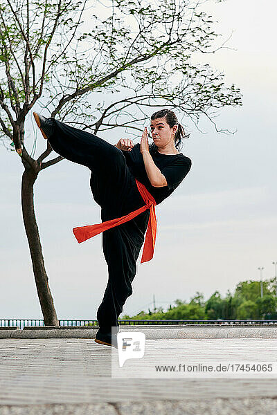 Woman throwing a kick while she is training kung fu in a park