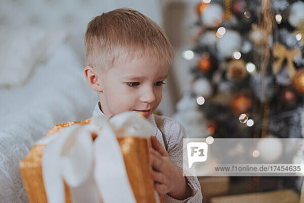 Cheerful cut boy opening gifts under christmas tree.