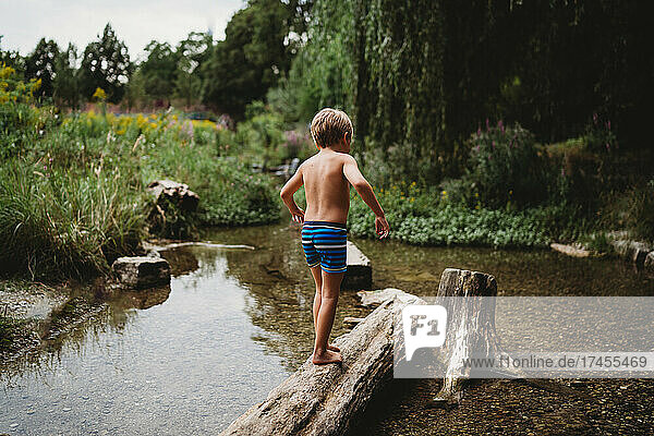 Back view of boy walking barefoot on log in water in stream in summer