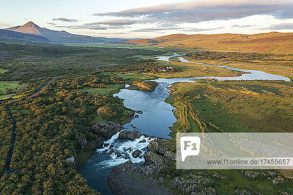 An aerial view of the waterfall Glanni in Norðurá river  Iceland.