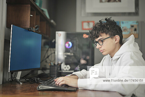 portrait of young boy working on the computer