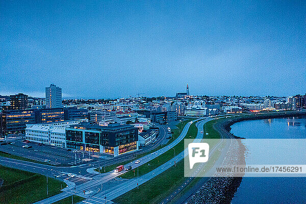 The coastal city of Reykjavik at dusk.