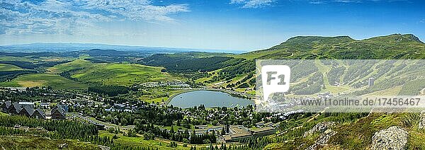 View of Lac des Hermines and Super-Besse winter sports resort in Auvergne  regional Volcanoes Nature Park  Puy de Dome department  Auvergne Rhone Alpes  France  Europe
