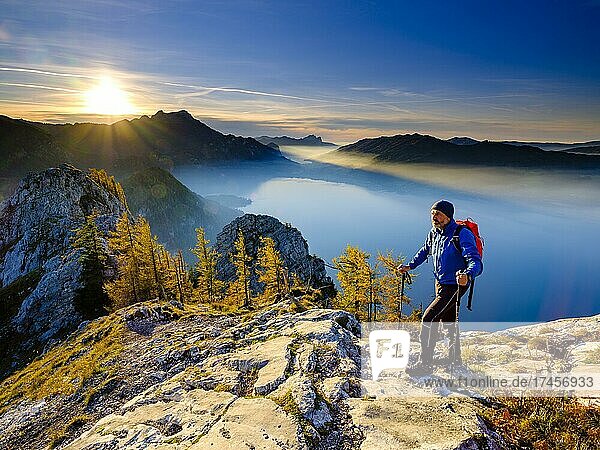 Mountaineer climbing the large Schoberstein in the evening light with view of Attersee and Mondsee  in the background Schafberg and Drachenwand  Salzkammergut  Upper Austria  Austria  Europe