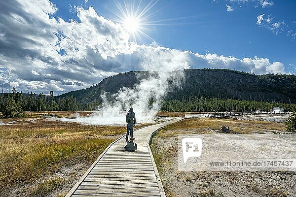 Tourist on a logging road in front of steaming hot spring  Biscuit Basin  Yellowstone National Park  Wyoming  USA  North America