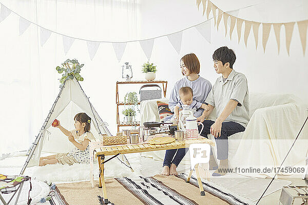 Japanese family camping at home