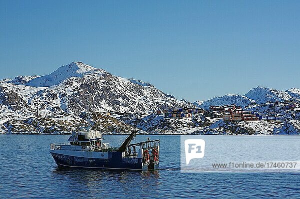 Fischereifahrzeug vor vielfarbigen Häusern und winterlicher Landschaft  Sisimuit  nordamerika  Grönland  Dänemark  Nordamerika