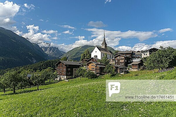 Village scene with the parish church of St. George  in the background the Wannenhorn group and the Risihorn  Ernen  Valais  Switzerland  Europe