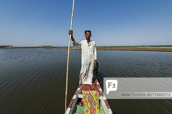 Marsh arab on his boat  Mesopotamian Marshes  Ahwar of southern Iraq  Unesco site  Iraq  Asia