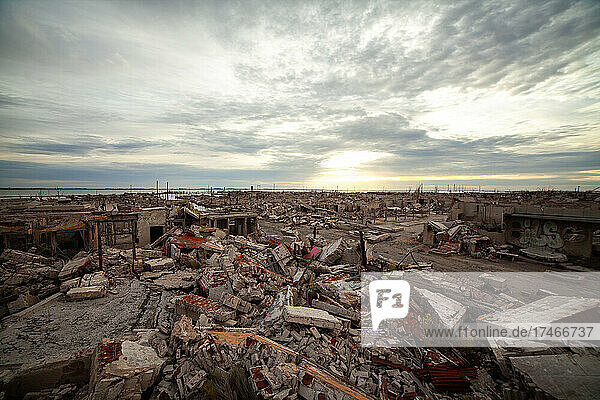 View of abandoned village against cloudy sky  Villa Epecuen