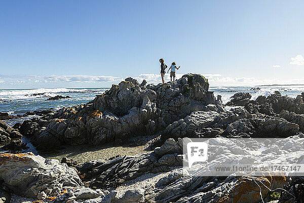Two children  a teenage girl and eight year old boy exploring the jagged rocks and rockpools on a beach.
