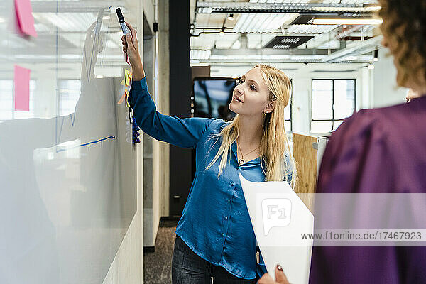 Young businesswoman checking graph while working with colleague in office