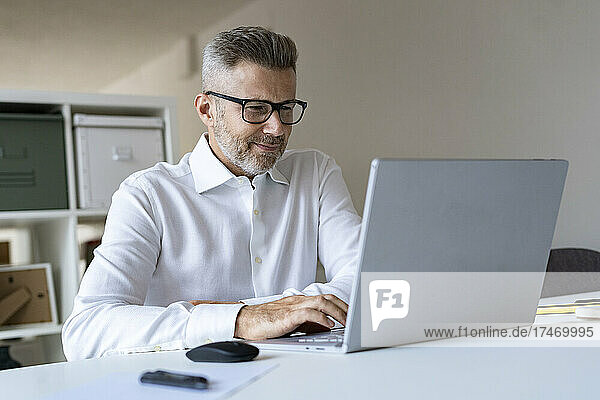 Smiling businessman using laptop in office