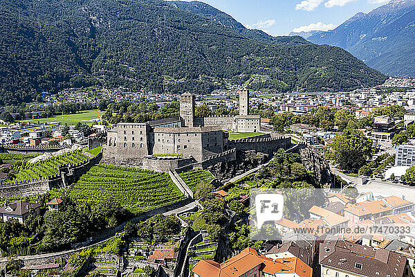 Switzerland  Ticino  Bellinzona  Castelgrande and surrounding town in summer